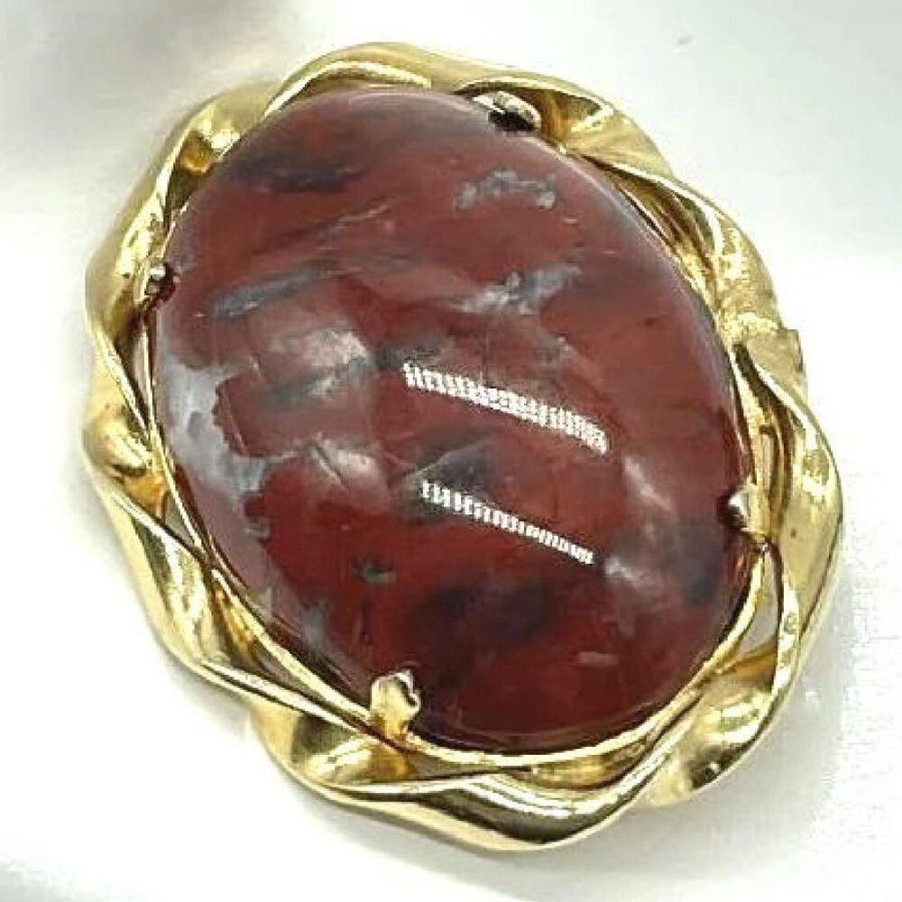 Vintage Gold Filled Brecciated Jasper Brooch Fancy Pin Elegant